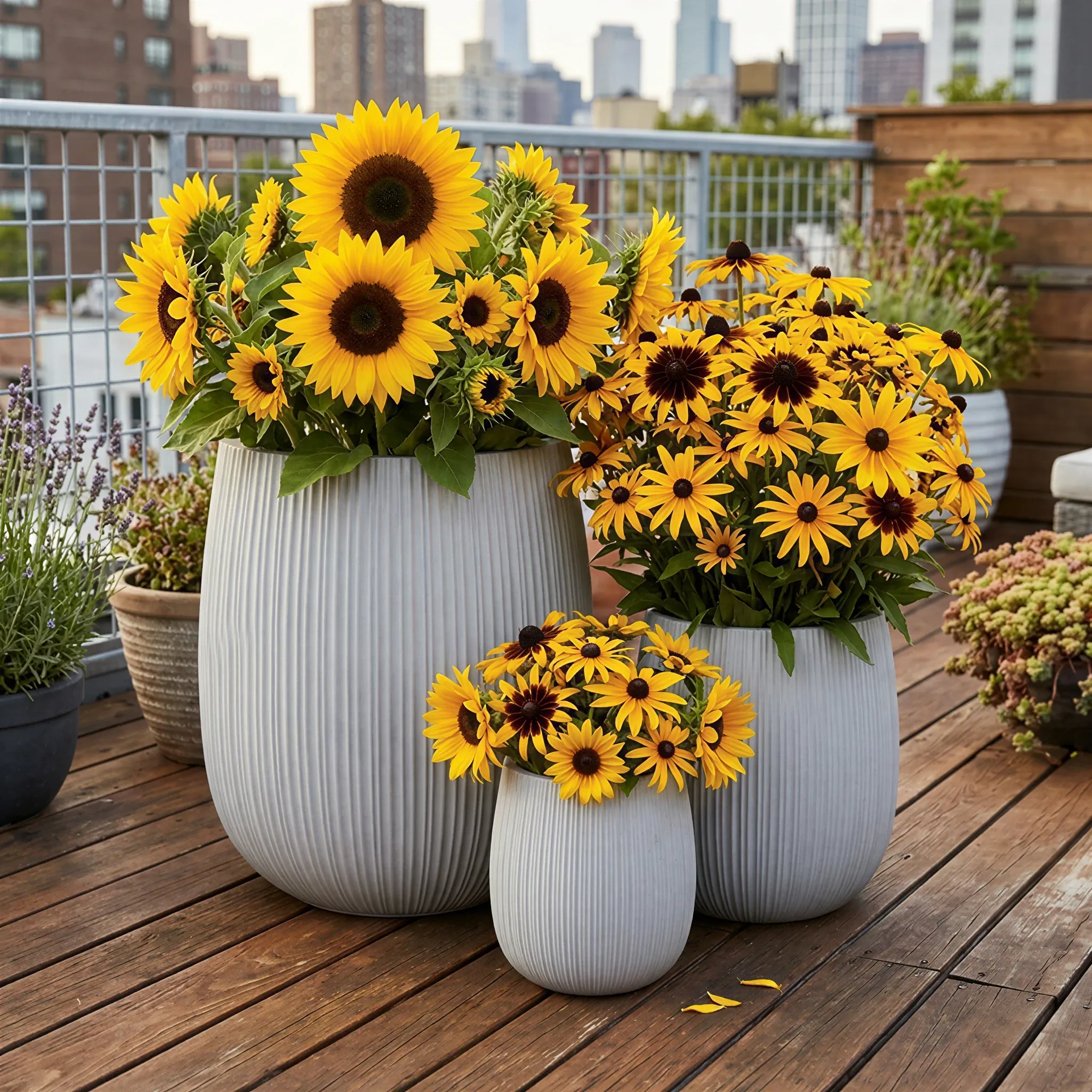 A signature trio of commercial-grade GFRC planters featuring a distinct vertically fluted texture and organic silhouette, designed to capture light and shadow in a premium architectural courtyard landscape.